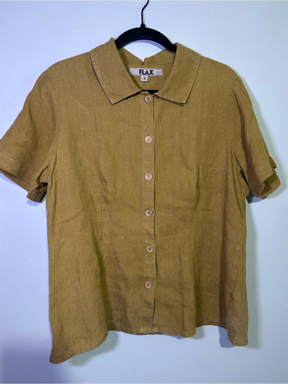 FLAX Women’s Small 100% Linen Mustard Ochre Button Front Blouse